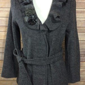 Cynthia Rowley Belted Grey Jacket  w/ Floral Ruffle Size PM